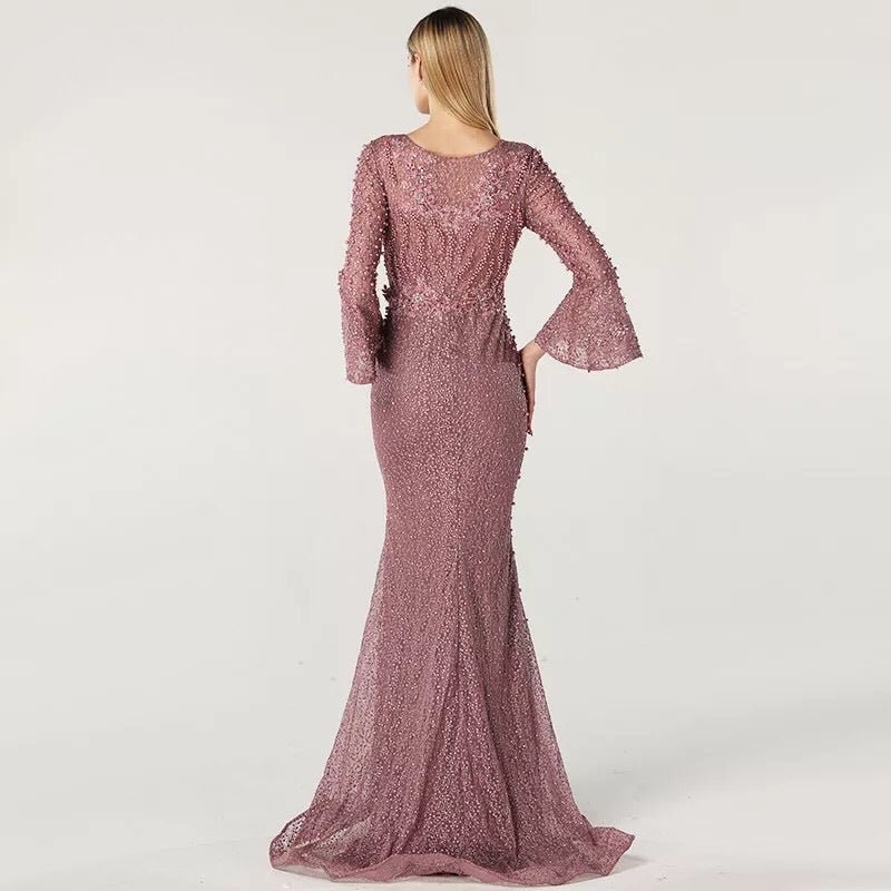 Pink Long Sleeves Pearls Evening Dress - Mscooco.co.uk