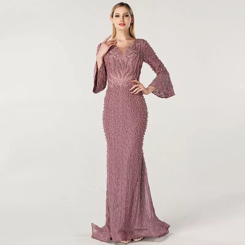 Pink Long Sleeves Pearls Evening Dress - Mscooco.co.uk