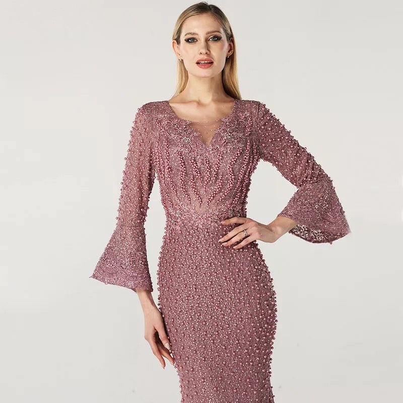 Pink Long Sleeves Pearls Evening Dress - Mscooco.co.uk
