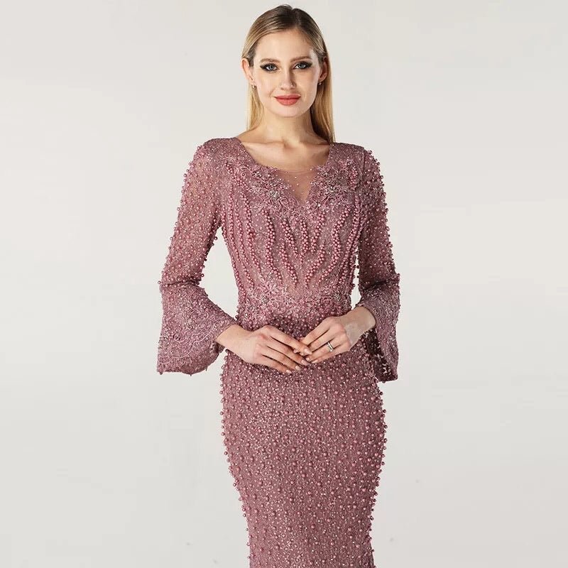 Pink Long Sleeves Pearls Evening Dress - Mscooco.co.uk