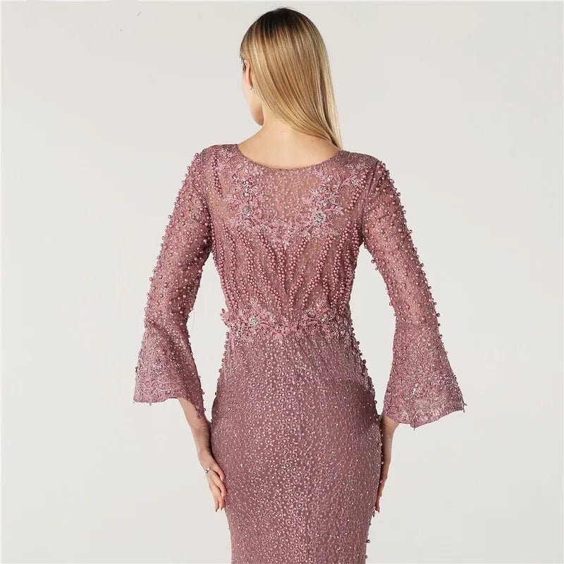 Pink Long Sleeves Pearls Evening Dress - Mscooco.co.uk