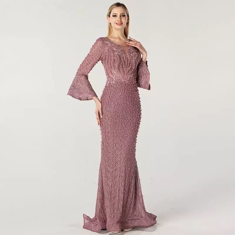 Pink Long Sleeves Pearls Evening Dress - Mscooco.co.uk