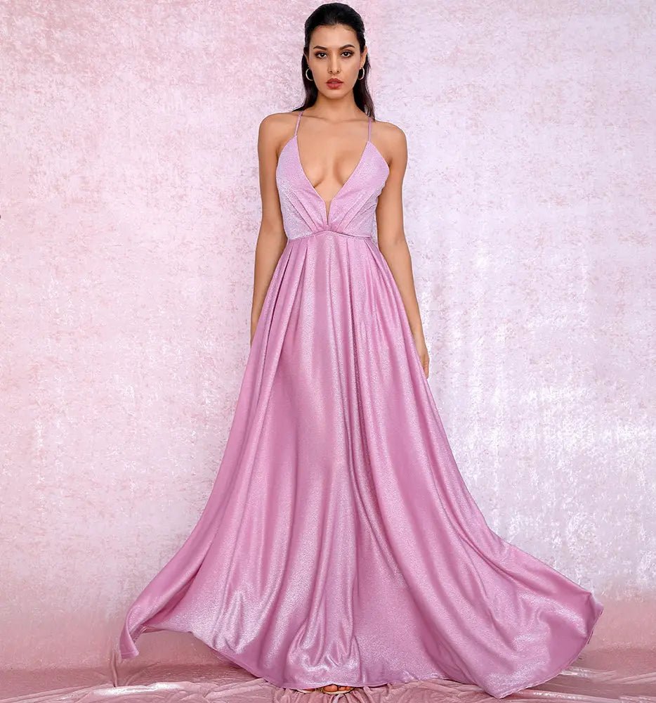 Pink Sexy Backless High Waist Cross Straps Deep V-Neck Puffs Maxi Dress - Mscooco.co.uk