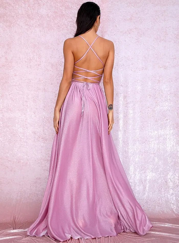Pink Sexy Backless High Waist Cross Straps Deep V-Neck Puffs Maxi Dress - Mscooco.co.uk