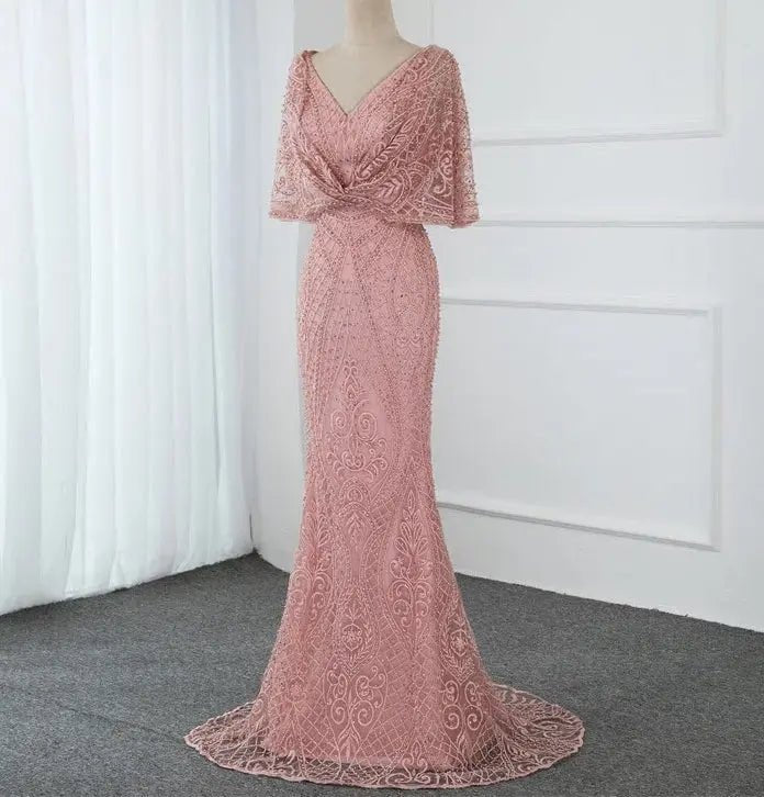 Pink V-Neck Pearls Lace Evening Gown - Mscooco.co.uk