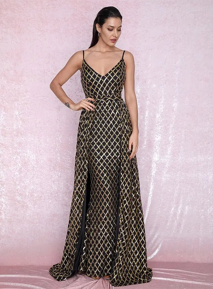 Plaid Sequin Material Two-Pieces Bodycon Party Maxi Dress - Mscooco.co.uk