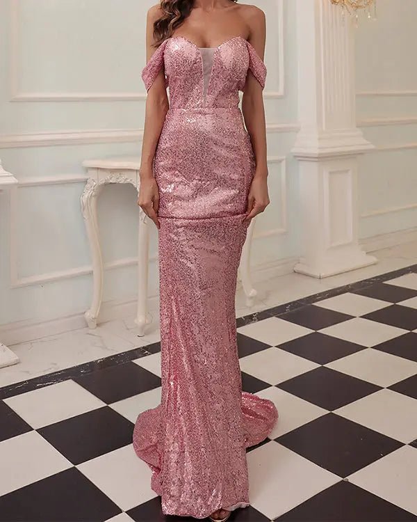 Quinn Off Shoulder Sequins Maxi Dress - Mscooco.co.uk