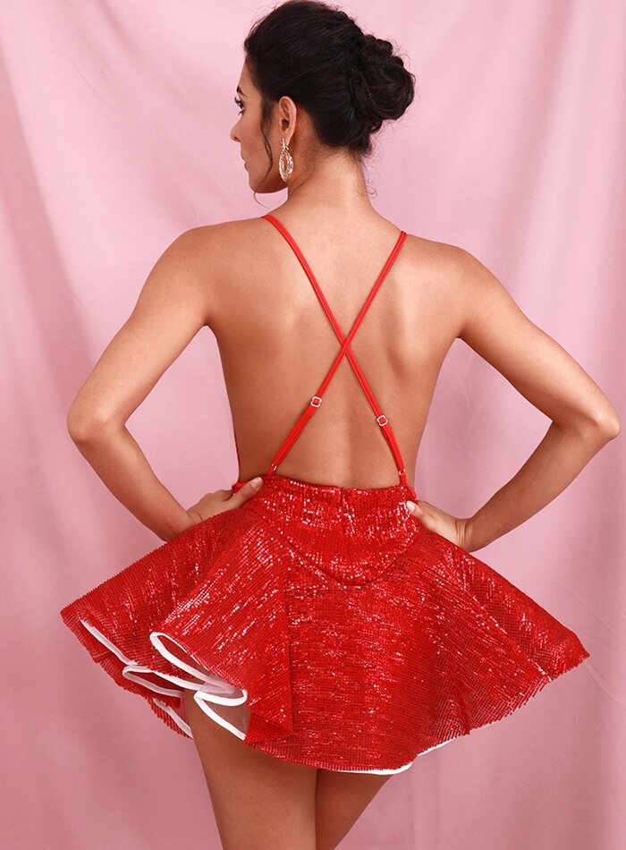 Red Deep V-Neck Open Back Ballet Style Sequins Playsuit - Mscooco.co.uk