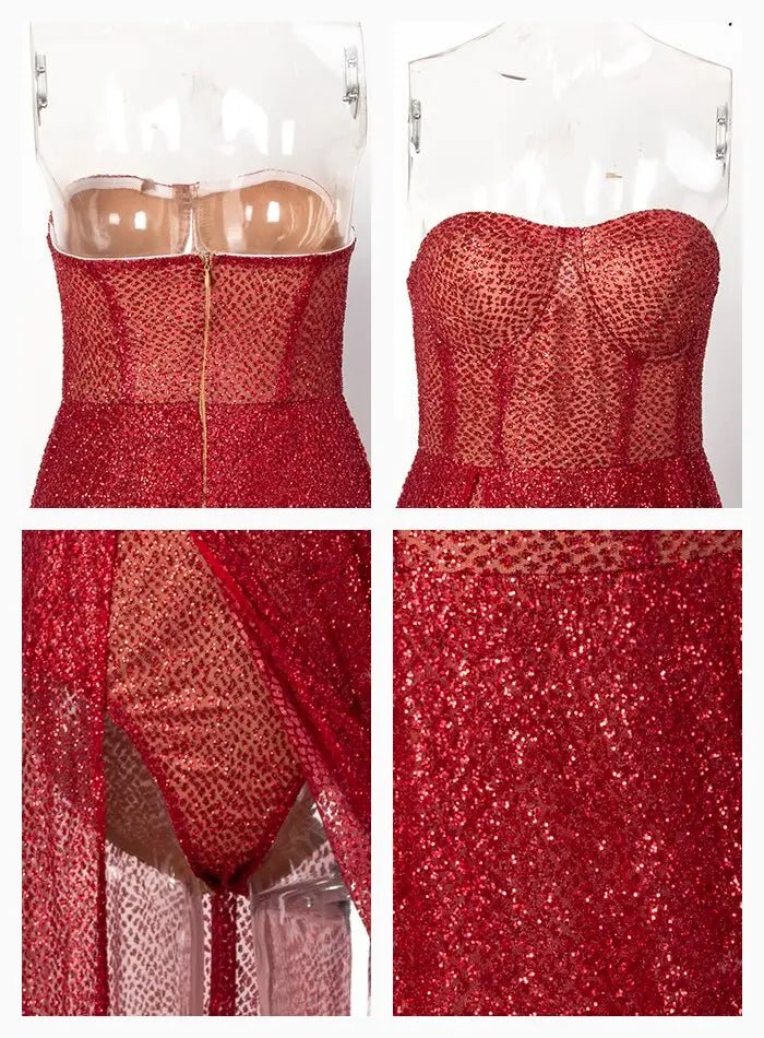 Red Strapless Tube Top Glitter Material Split Poncho Maxi Dress - Mscooco.co.uk