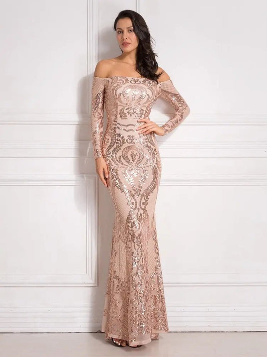Revie - Gold Sequined Maxi Dress - Mscooco.co.uk