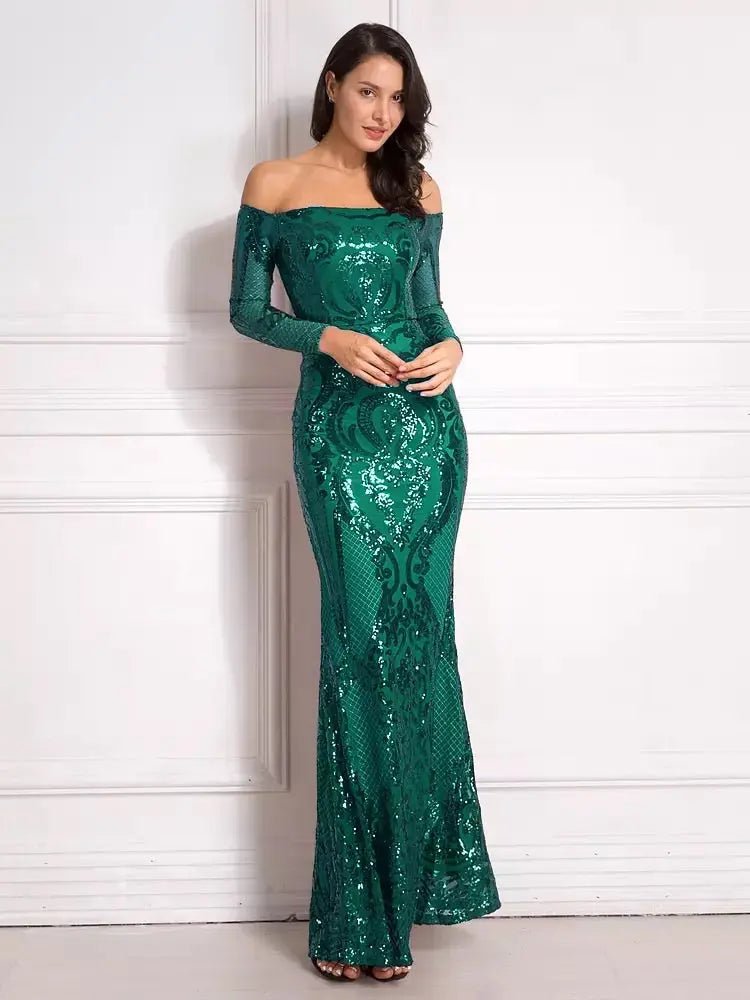 Revie - Green Sequined Maxi Dress - Mscooco.co.uk