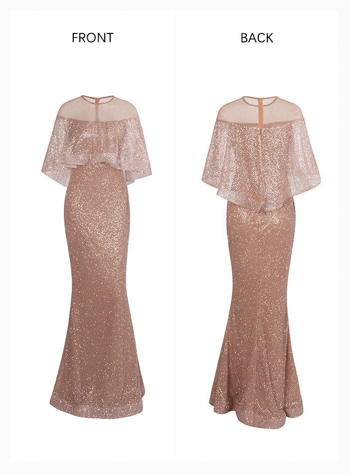 Rose Gold Cloak Style Glitter Glued Material Bodycon Party Maxi Dress - Mscooco.co.uk