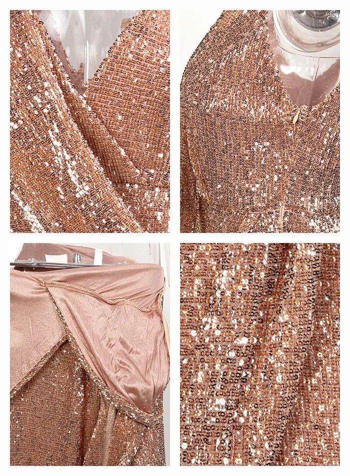 Rose Gold Deep V-Neck Split Sequins Maxi Dress - Mscooco.co.uk