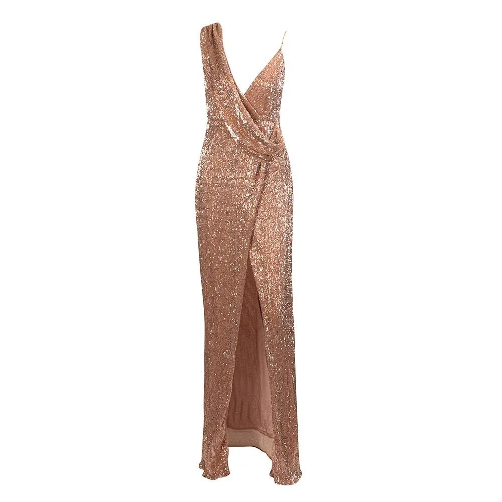 Rose Gold Deep V-Neck Split Sequins Maxi Dress - Mscooco.co.uk