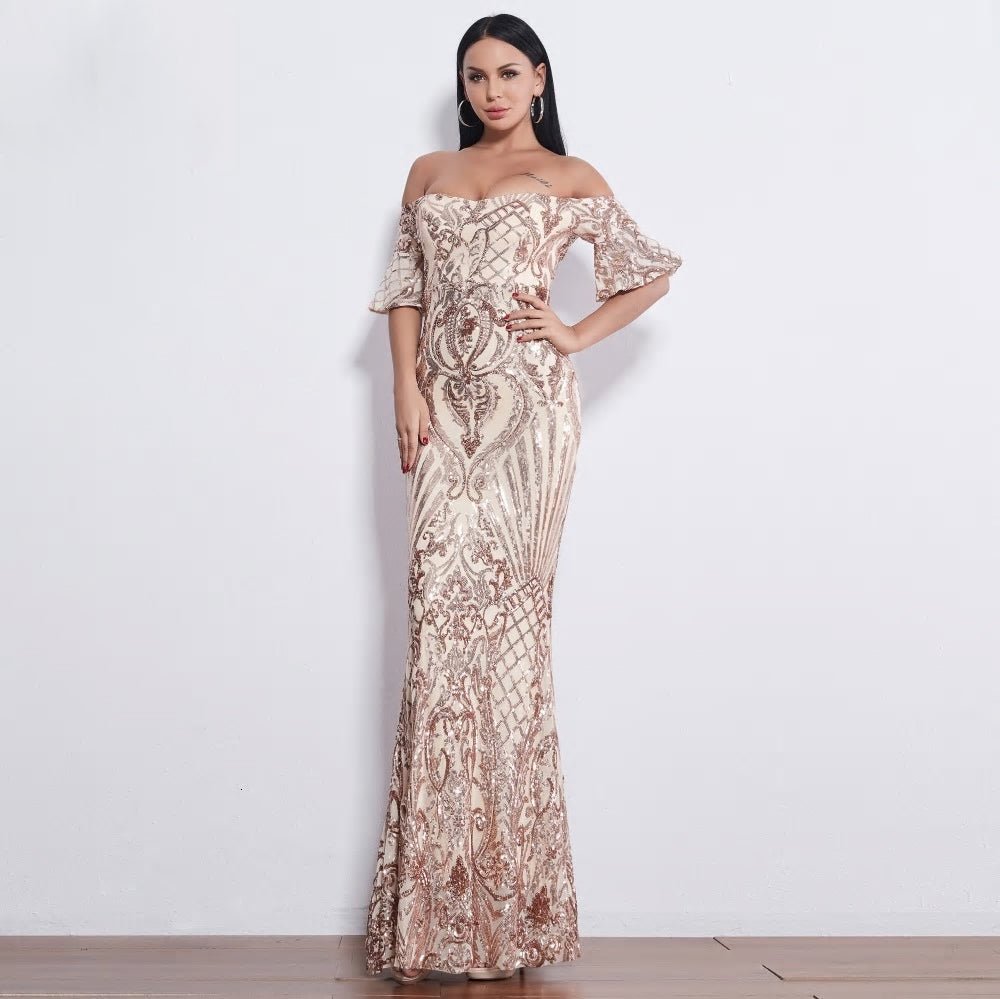 Rose Gold Sweetheart Sequin Maxi Dress - Mscooco.co.uk