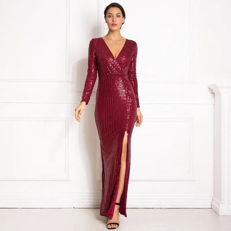 Sequine Long Sleeve Slit Leg Maxi Dress - Mscooco.co.uk