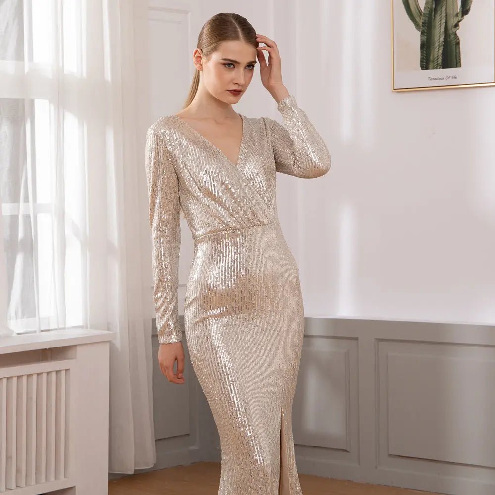 Sequine Long Sleeve Slit Leg Maxi Dress - Mscooco.co.uk