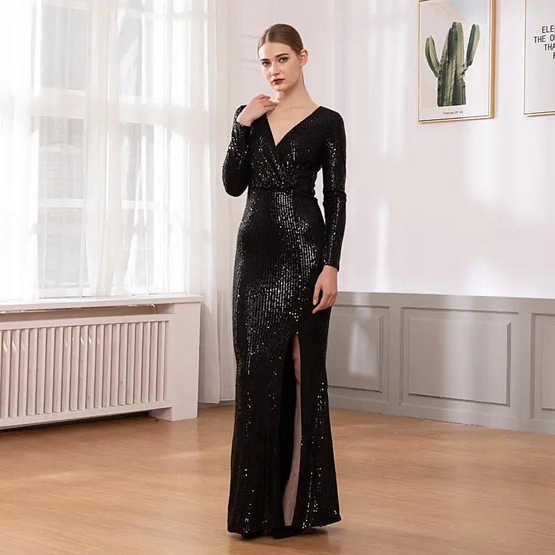 Sequine Long Sleeve Slit Leg Maxi Dress - Mscooco.co.uk