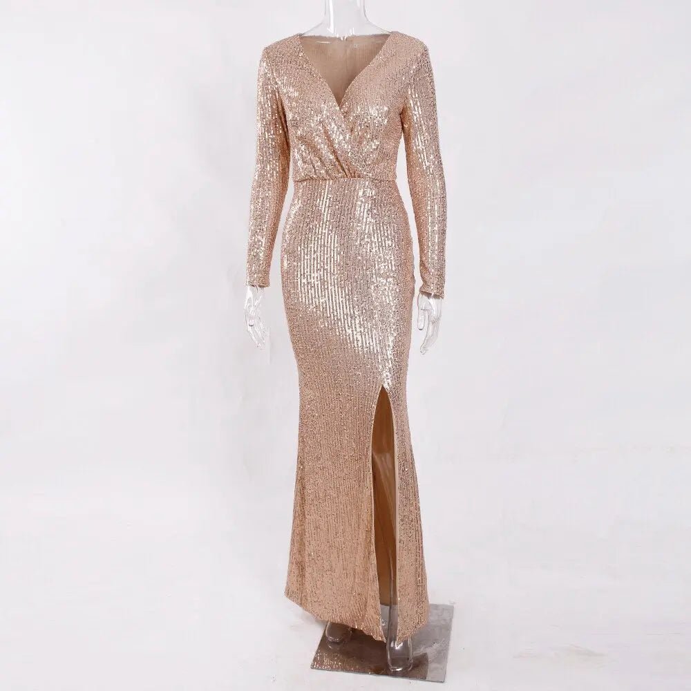Sequine Long Sleeve Slit Leg Maxi Dress - Mscooco.co.uk