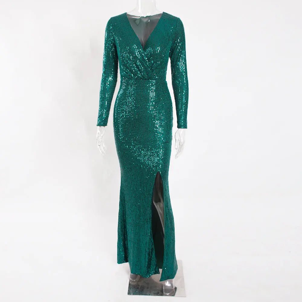 Sequine Long Sleeve Slit Leg Maxi Dress - Mscooco.co.uk