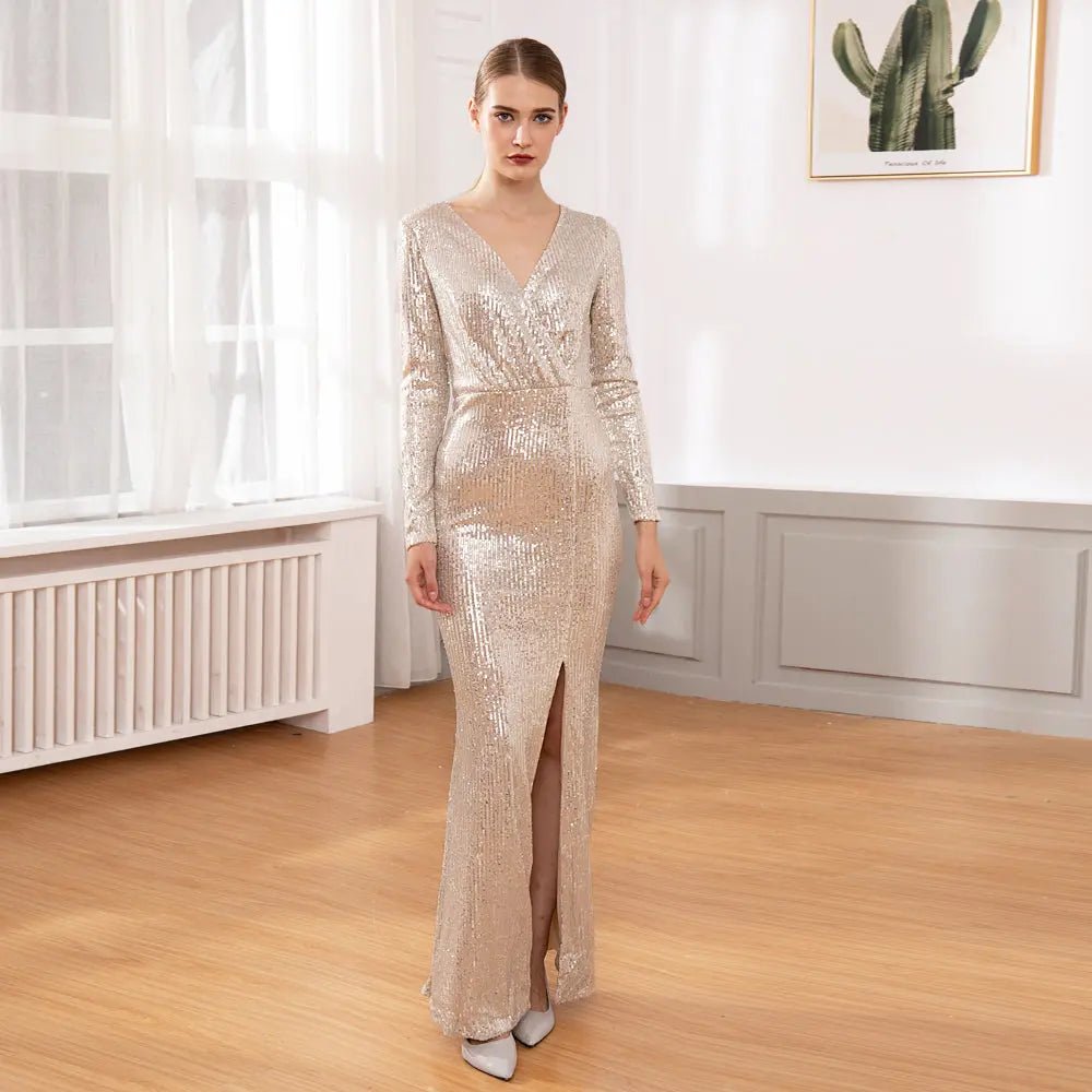 Sequine Long Sleeve Slit Leg Maxi Dress - Mscooco.co.uk