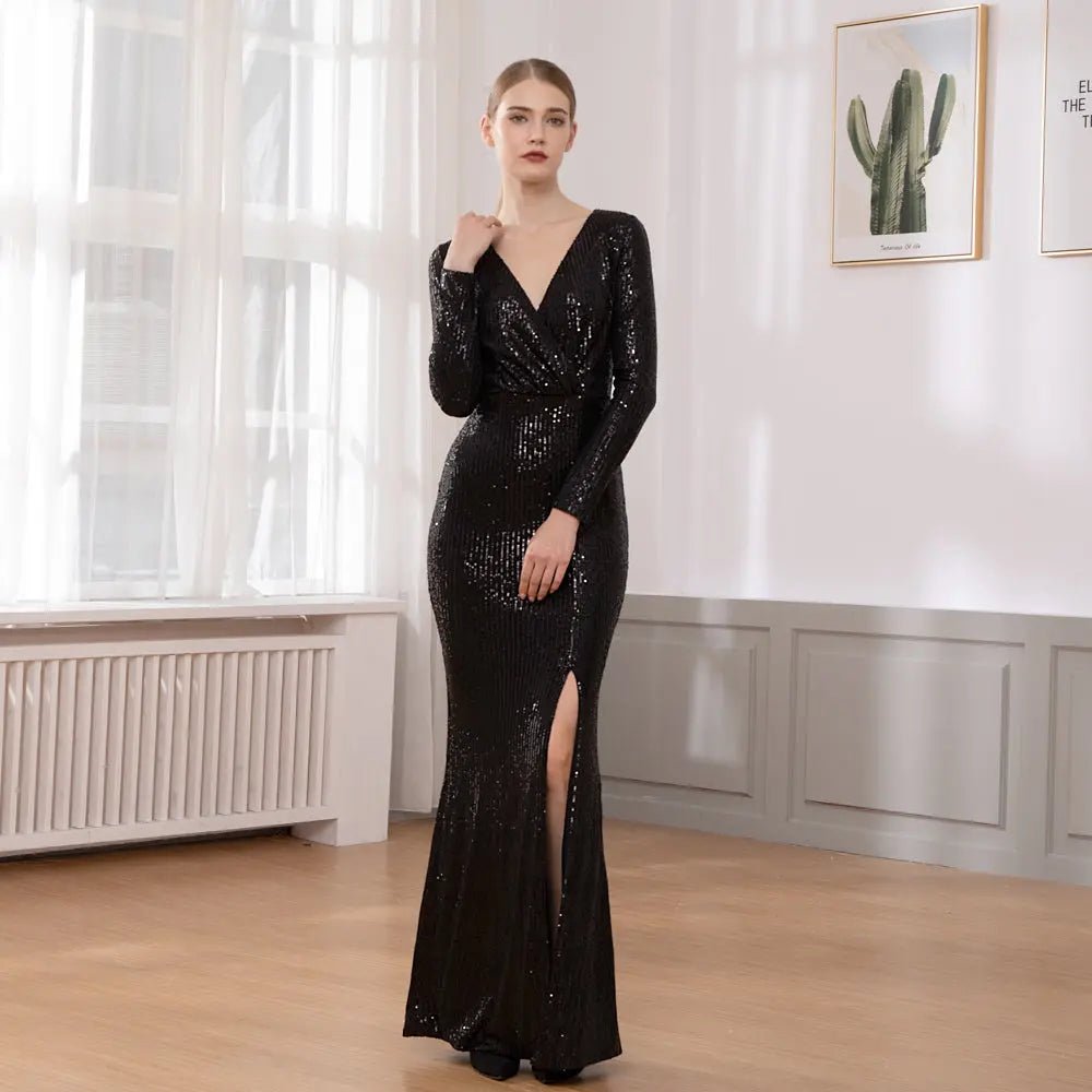 Sequine Long Sleeve Slit Leg Maxi Dress - Mscooco.co.uk