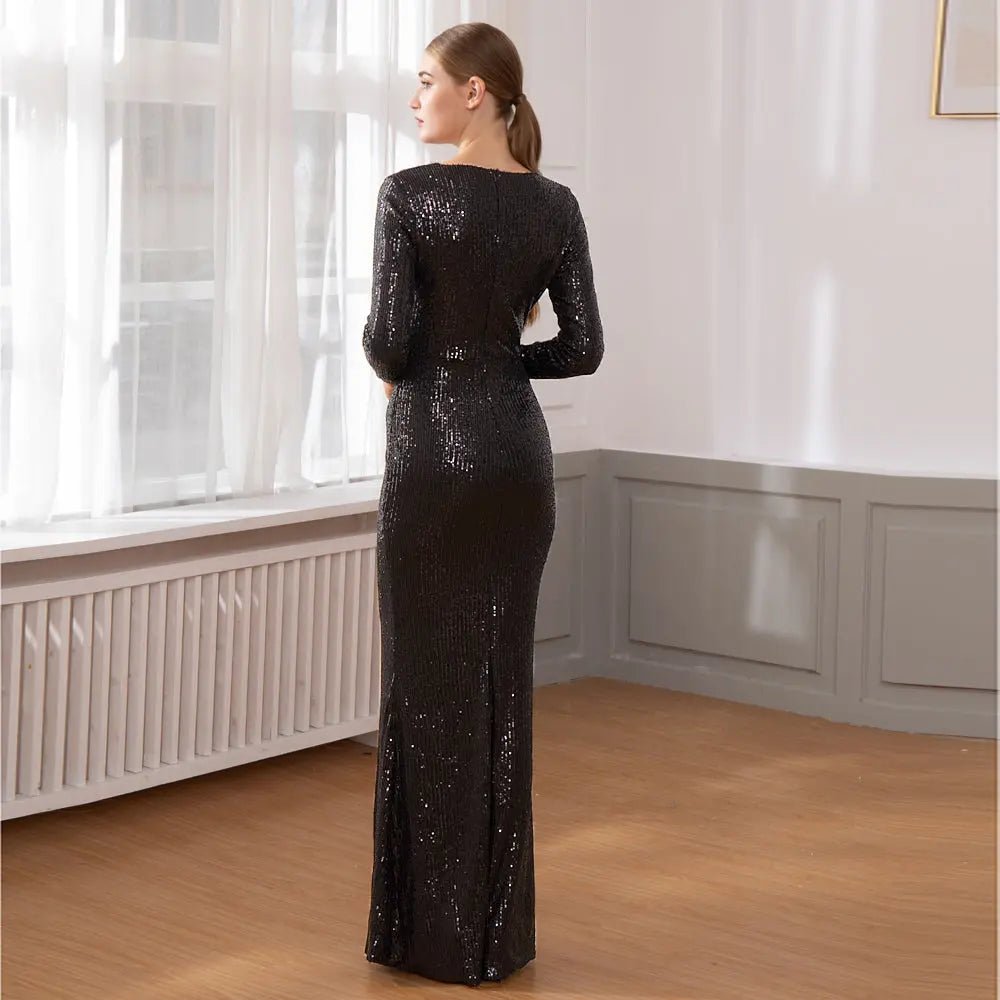 Sequine Long Sleeve Slit Leg Maxi Dress - Mscooco.co.uk