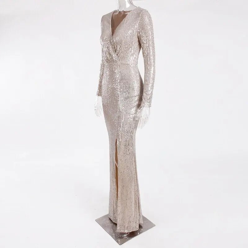 Sequine Long Sleeve Slit Leg Maxi Dress - Mscooco.co.uk