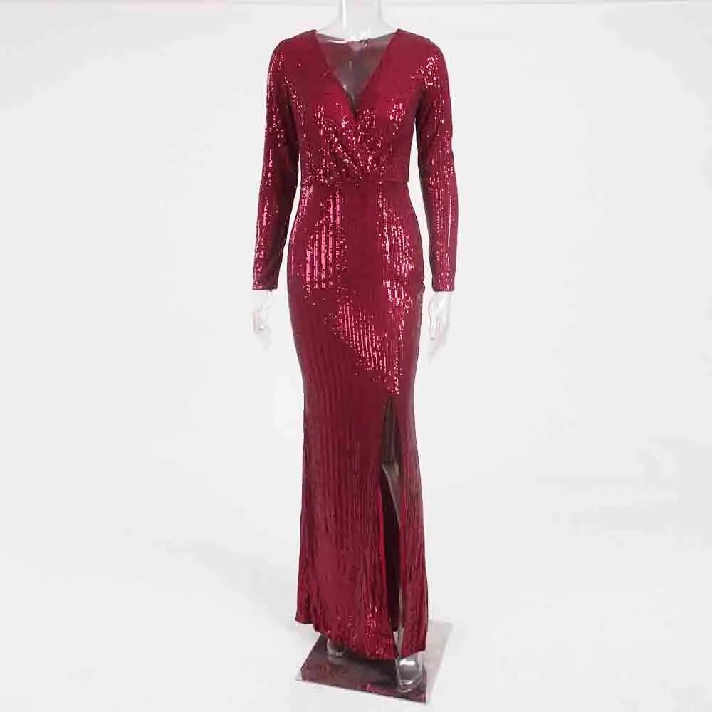 Sequine Long Sleeve Slit Leg Maxi Dress - Mscooco.co.uk