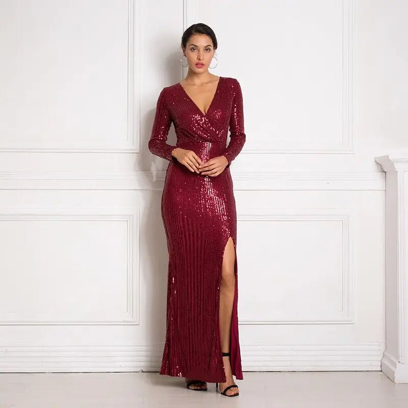 Sequine Long Sleeve Slit Leg Maxi Dress - Mscooco.co.uk