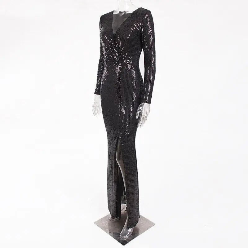 Sequine Long Sleeve Slit Leg Maxi Dress - Mscooco.co.uk