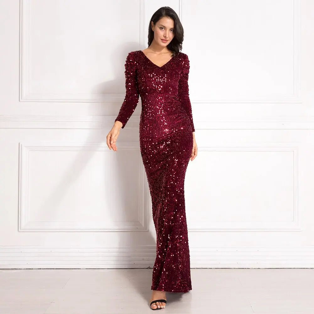 Sequined Velvet Stretchy Pleated Puff Sleevee Maxi Dress - Mscooco.co.uk