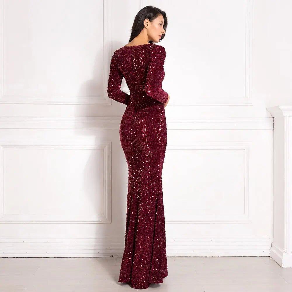 Sequined Velvet Stretchy Pleated Puff Sleevee Maxi Dress - Mscooco.co.uk