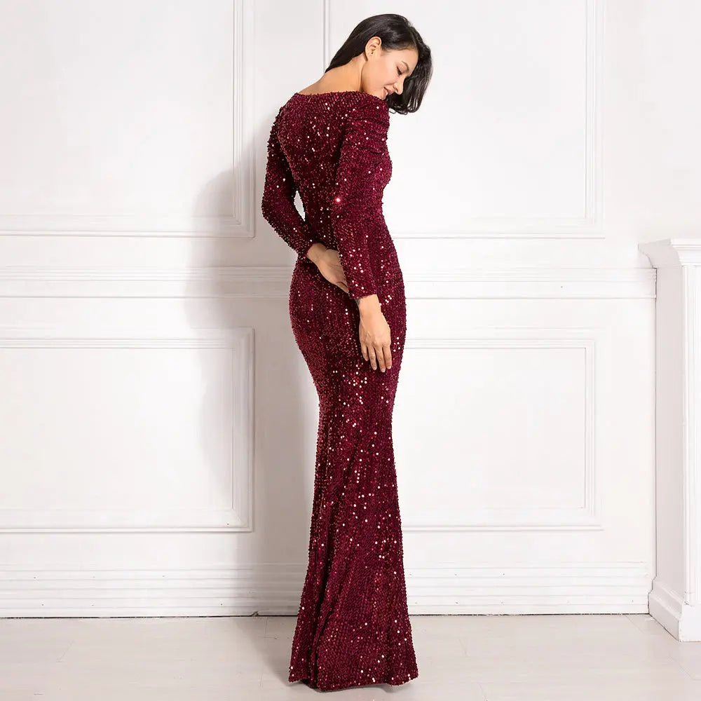 Sequined Velvet Stretchy Pleated Puff Sleevee Maxi Dress - Mscooco.co.uk
