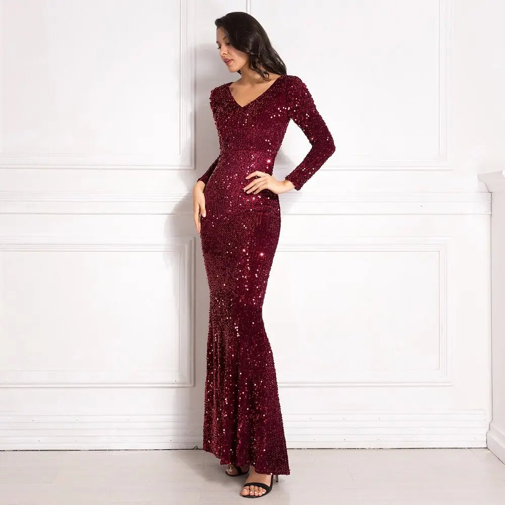 Sequined Velvet Stretchy Pleated Puff Sleevee Maxi Dress - Mscooco.co.uk