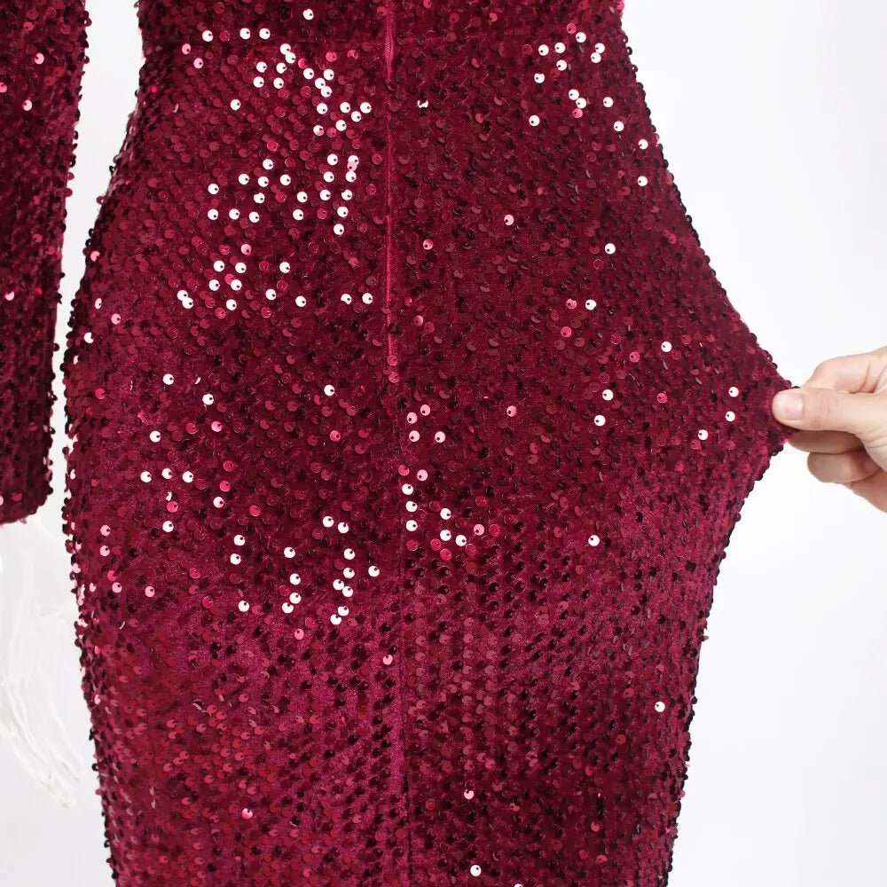 Sequined Velvet Stretchy Pleated Puff Sleevee Maxi Dress - Mscooco.co.uk