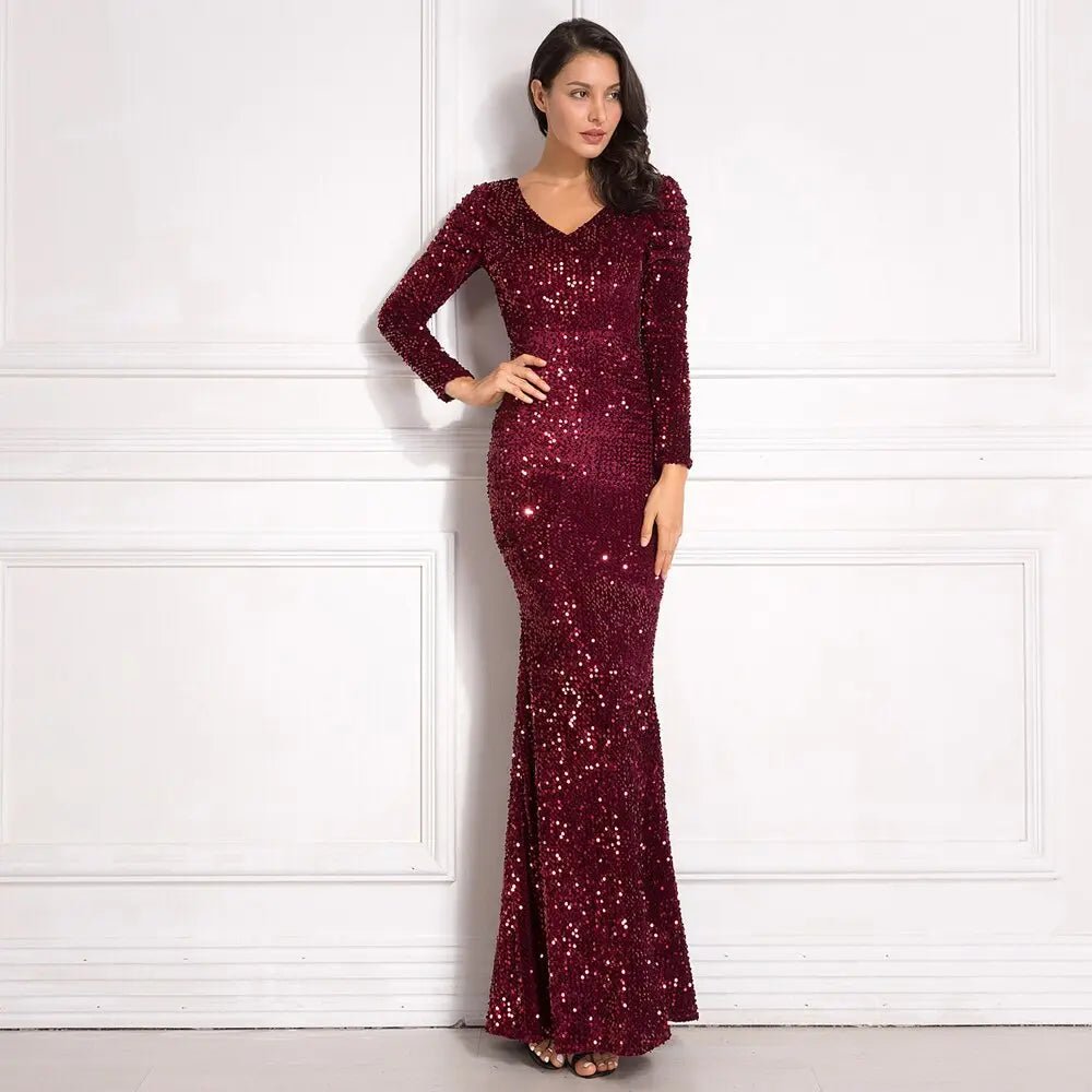 Sequined Velvet Stretchy Pleated Puff Sleevee Maxi Dress - Mscooco.co.uk