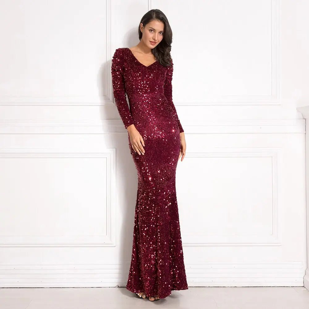 Sequined Velvet Stretchy Pleated Puff Sleevee Maxi Dress - Mscooco.co.uk