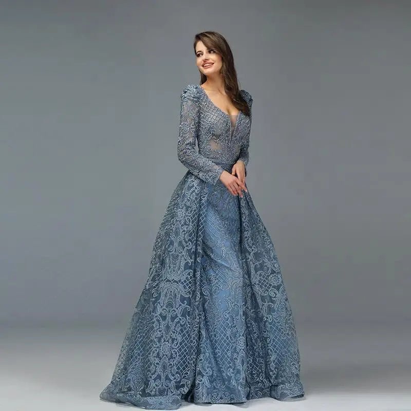 Serena Blue Luxe Beading Embellished Evening Gown - Mscooco.co.uk