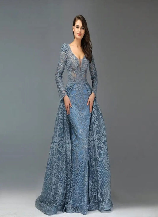 Serena Blue Luxe Beading Embellished Evening Gown - Mscooco.co.uk