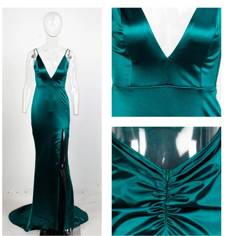 Sexy Deep V-Neck GREEN Cut Out Sling Open Back Bodycon Long Dress - Mscooco.co.uk