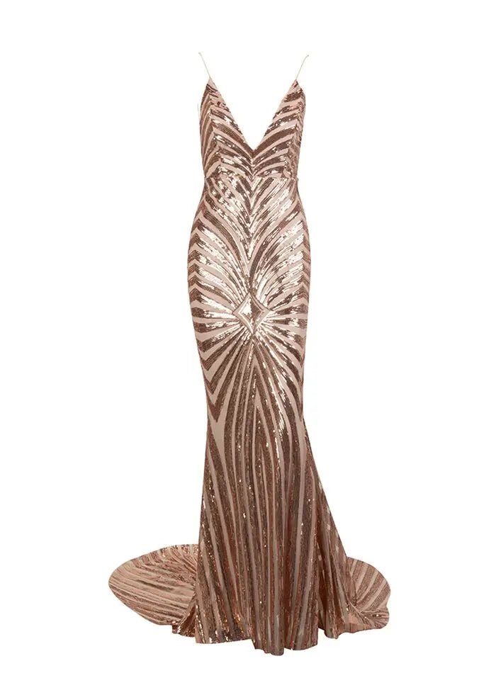 Sexy Deep V Neck Open Back Geometry Sequins Long Dress - Mscooco.co.uk