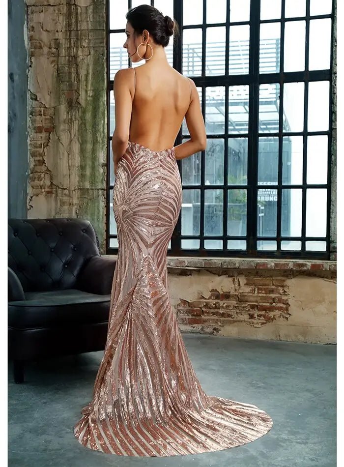 Sexy Deep V Neck Open Back Geometry Sequins Long Dress - Mscooco.co.uk