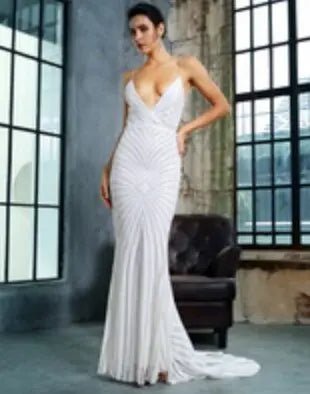 Sexy Deep V Neck Open Back Geometry Sequins Long Dress - Mscooco.co.uk