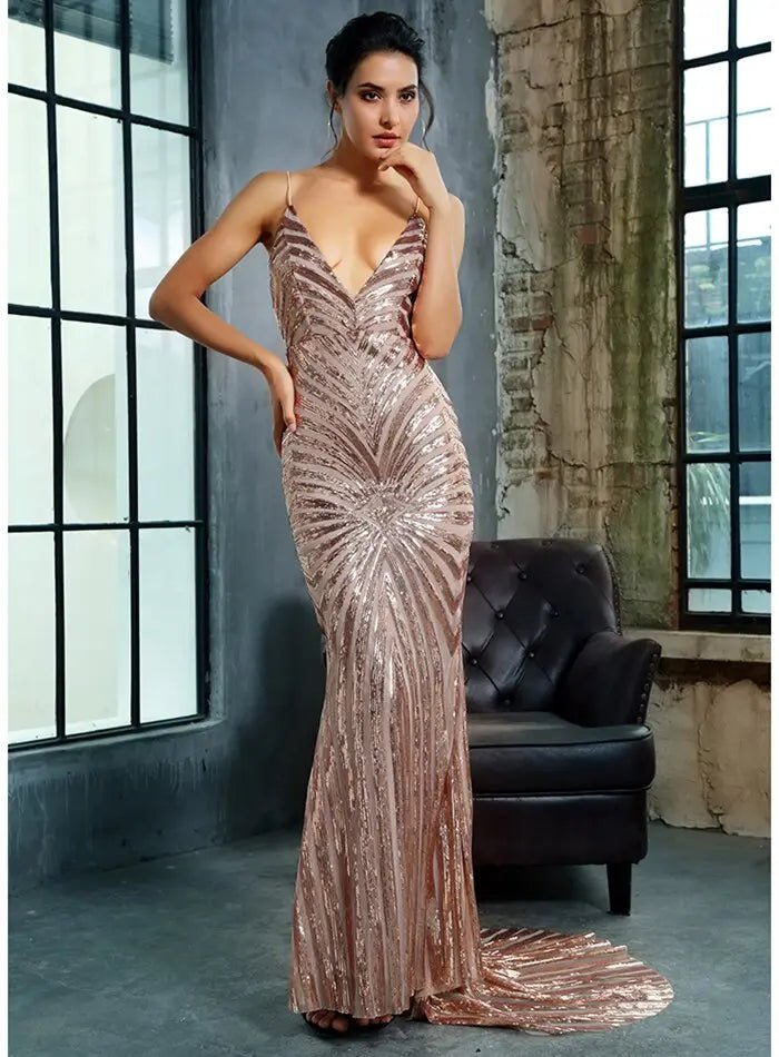 Sexy Deep V Neck Open Back Geometry Sequins Long Dress - Mscooco.co.uk