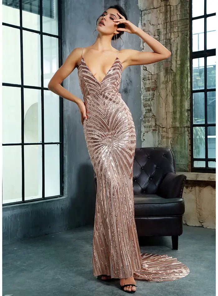 Sexy Deep V Neck Open Back Geometry Sequins Long Dress - Mscooco.co.uk