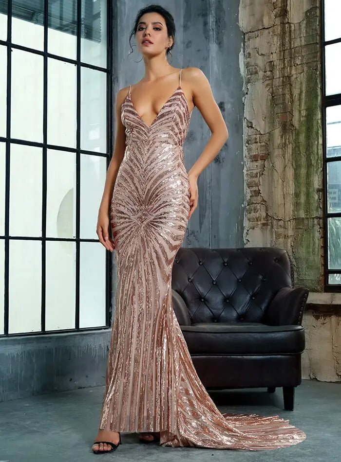 Sexy Deep V Neck Open Back Geometry Sequins Long Dress - Mscooco.co.uk